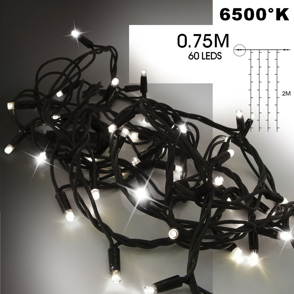 9553 - EXTENSION - Rideau long 60 LEDS (Flash) - Larg. 0,75m x Ht 200cm - Fil Noir - Blanc Chaud 6500°K